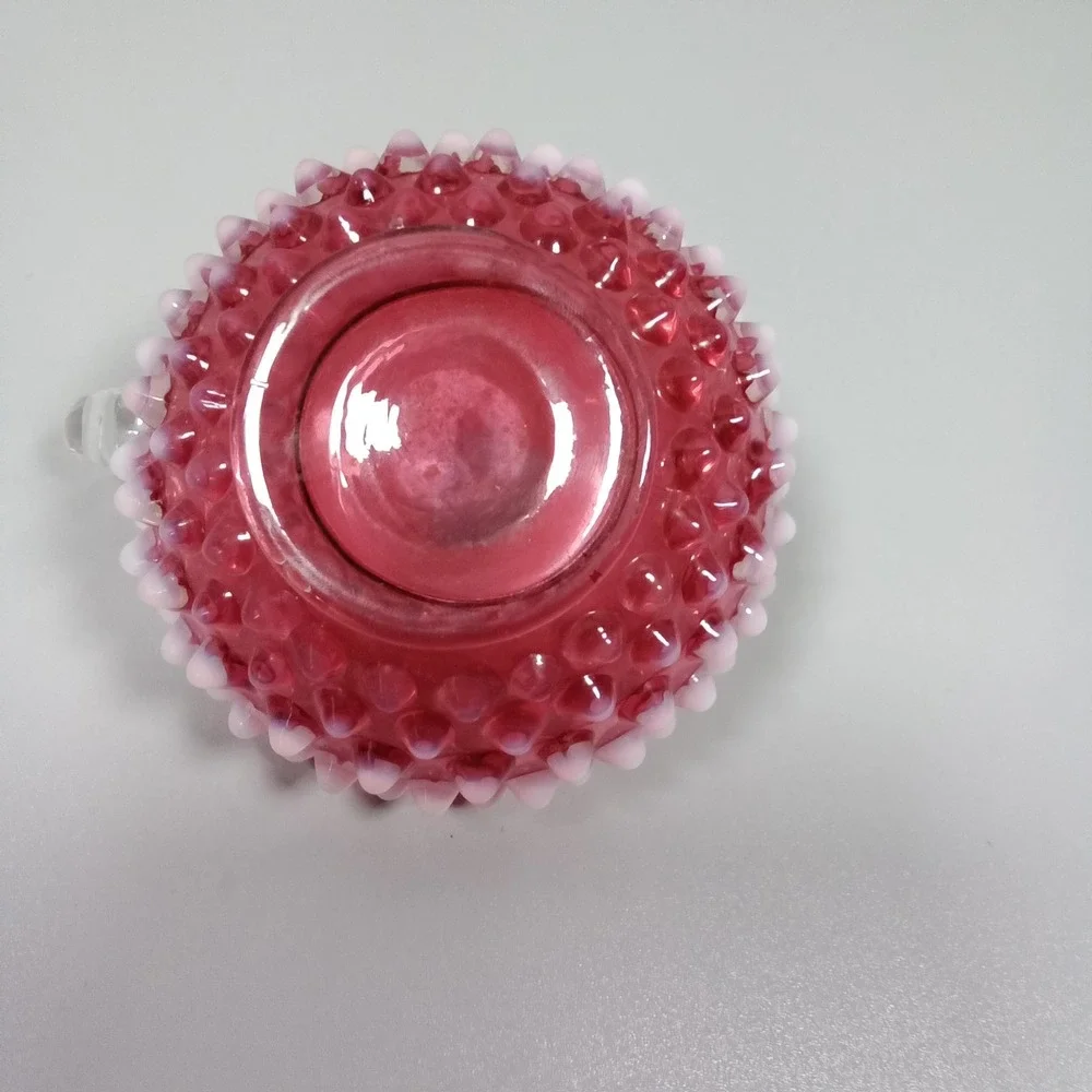 Vintage Cranberry Opalescent Hobnail Glass Candle Holder Chamberstick Pink White